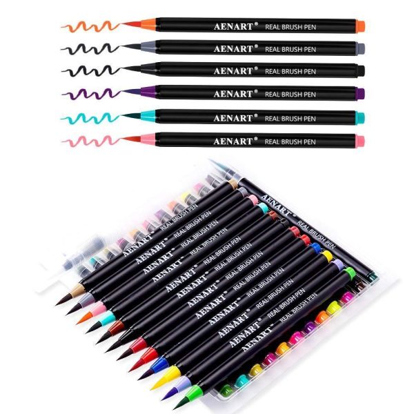 Watercolor Real Brush Pens Set, 24 Vibrant Markers with 1 Refillable Water Brush Pen for Artists and Beginner, Flexible Brushes Tip for Calligraphy Lettering Coloring Hand Writing Sketching Sale