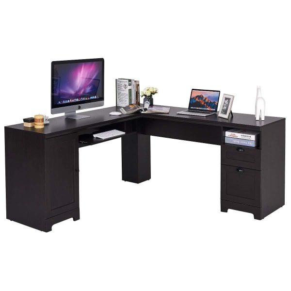 Tangkula 66  × 66  L-Shaped Desk, Corner Computer Desk, with Drawers and Storage Shelf, Home Office Desk, Sturdy and Space-Saving Writing Table,Brown on Sale