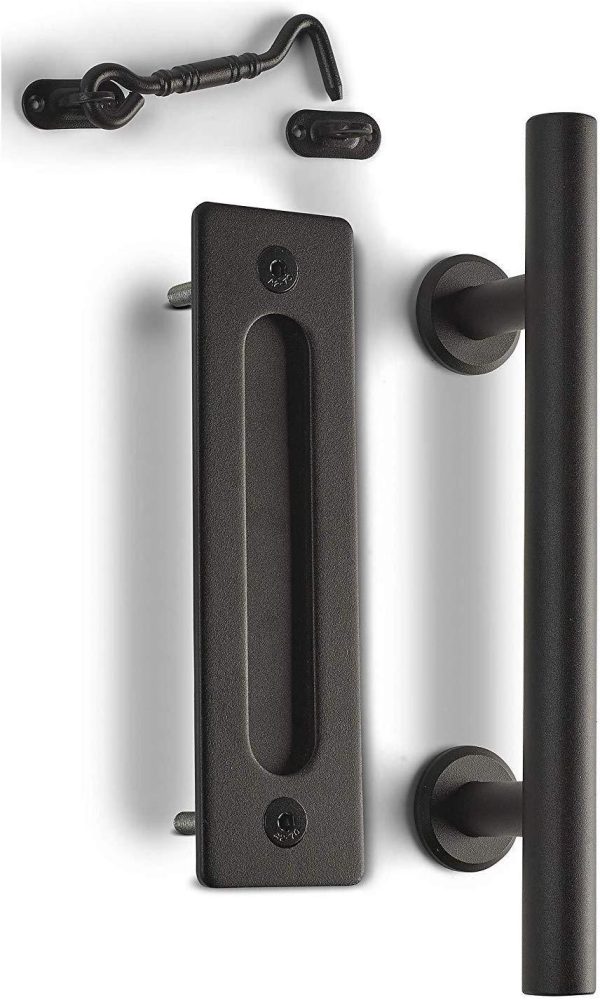 MJC & Company - 12  Square Modern Sliding Barn Door Handle Pull Flush Combo and Privacy Lock - Indoor Outdoor Hardware Set - Black Powder Coated Steel for Bedroom, Bathroom, Closet, Shed, or Gate on Sale