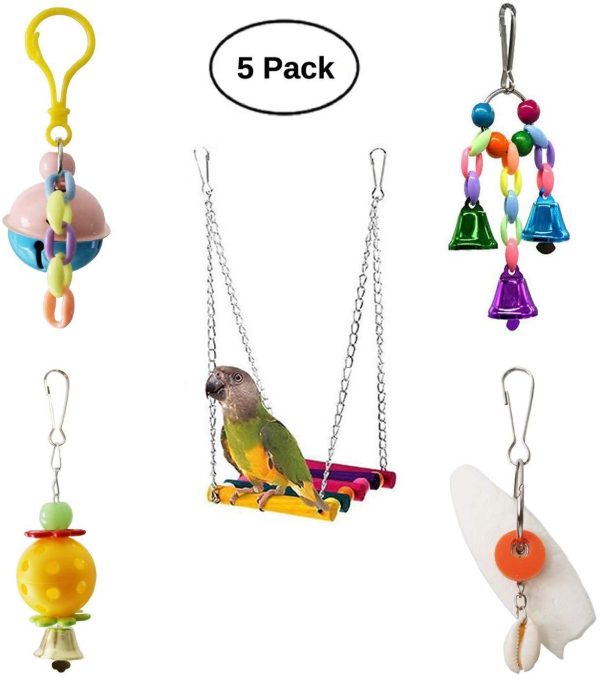 BWOGUE 5pcs Bird Parrot Toys Hanging Bell Pet Bird Cage Hammock Swing Toy Hanging Toy for Small Parakeets Cockatiels, Conures, Macaws, Parrots, Love Birds, Finches on Sale