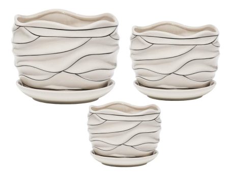 White Ceramic Flower Plant Pots Indoor Garden Plants Containers with Saucers, Set of 3 For Sale