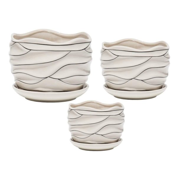 White Ceramic Flower Plant Pots Indoor Garden Plants Containers with Saucers, Set of 3 For Sale