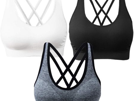 AKAMC 3 Pack Women s Medium Support Cross Back Wirefree Removable Cups Yoga Sport Bra Hot on Sale