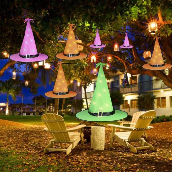 Opard Halloween Decorations Outdoor 8Pcs Hanging Glowing Lighted Witch Hat Decorations String Lights Battery Operated Halloween Décor for Outdoor Yard Tree For Discount